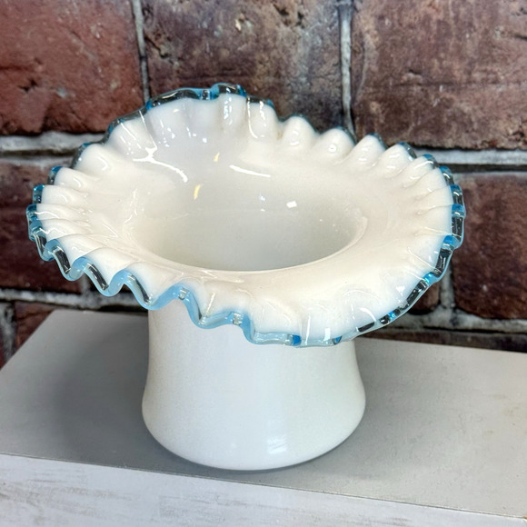 Vintage Fenton Aqua Crest Milk Glass Hat Vase Crimped Ruffled Edge Blue 1940s - Picture 1 of 6